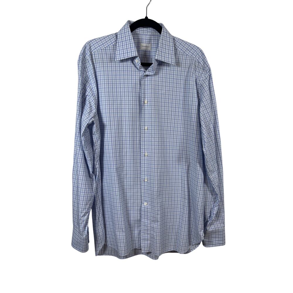 Ermenegildo Zegna Button Down Shirt 41/16 Regular Fit Blue Micro-Check Cotton